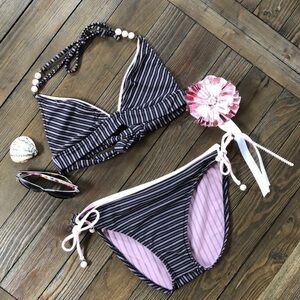 Becca  vintage pink/black striped Bikini w/pearls